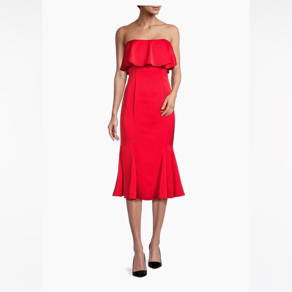 Liv Foster Crepe Back Satin Popover Strapless Dress Flame Red | 4 - Picture 1 of 7